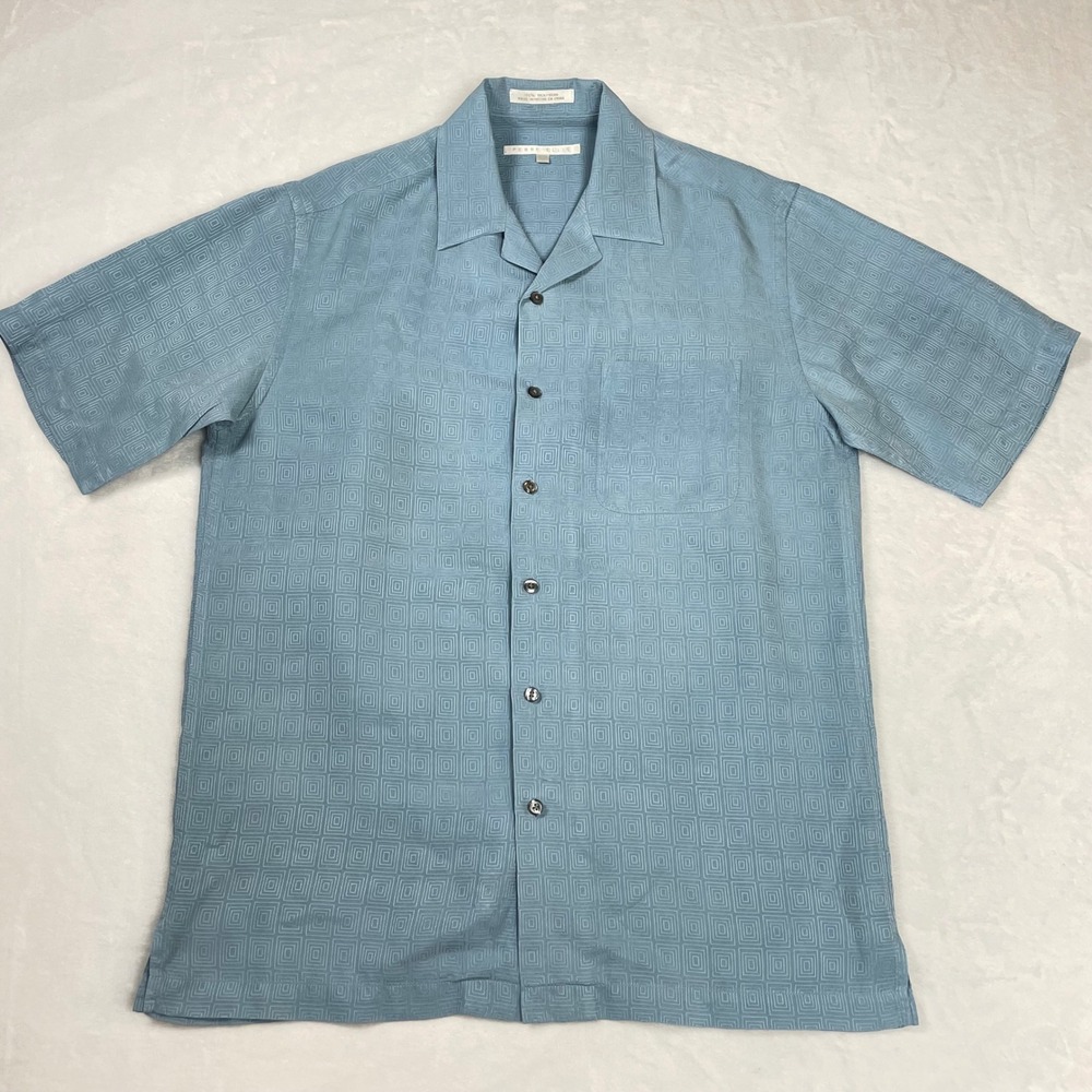 Perry Ellis Shirt Silk Men S Blue Excellent Geometric Jacquard Short Sleeve